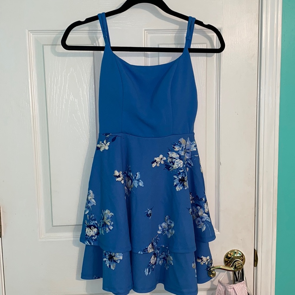 Blue sundress with flowers and open back